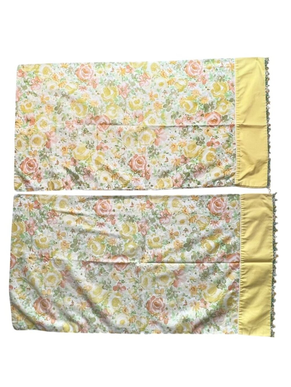 Lot Of 2 Vintage Stevens Utica No Iron Muslin Floral Pillowcases Yellow Floral